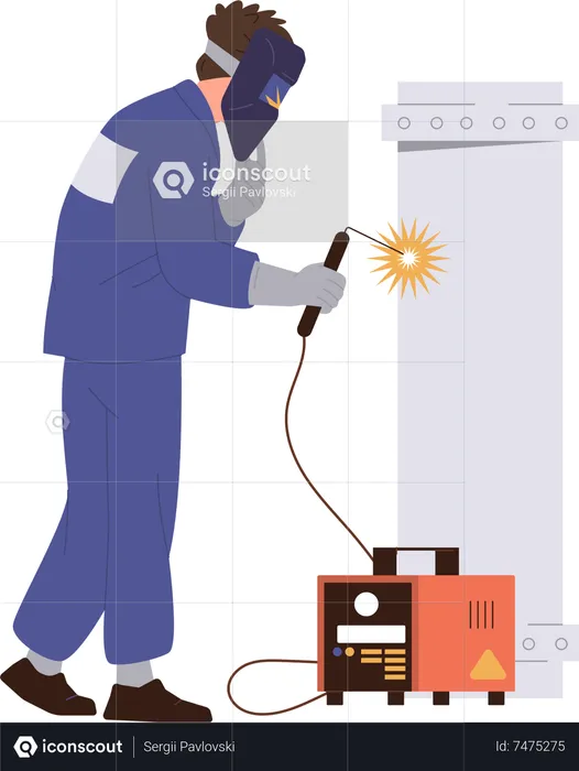Welder man character using arc welding machine apparatus for work  Illustration