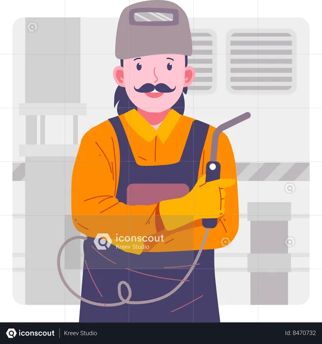 Welder standing with welding machine  Illustration