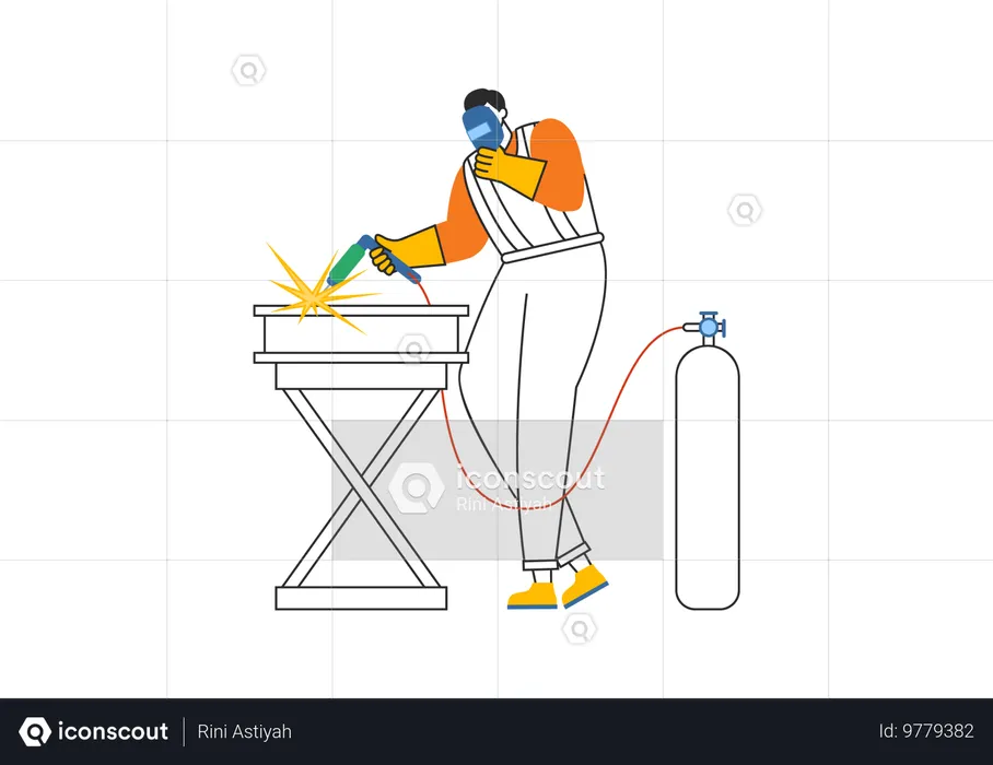 Welder works on metal table  Illustration