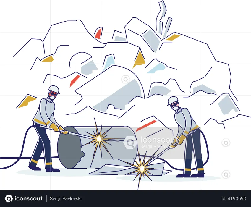 Welders Working On Junkyard and Cutting old Metal  Illustration