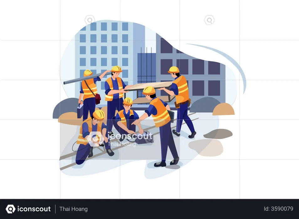 Welding workers working at construction site  Illustration