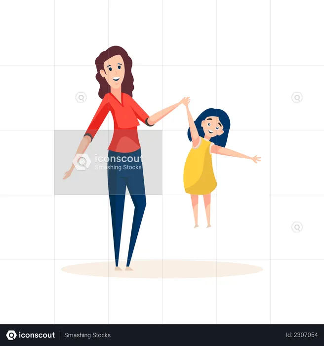 Well-known babysitter standing with little girl  Illustration