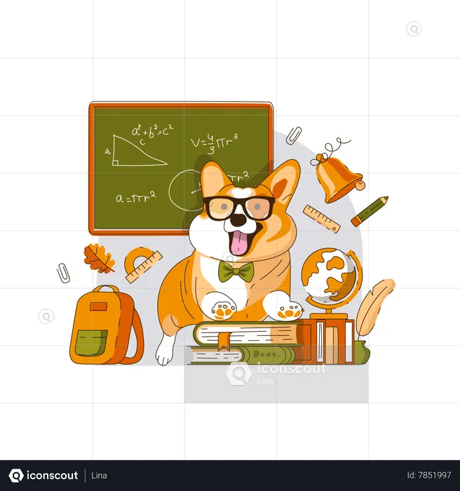 Welsh Corgi Dog student with glasses and Books at School  Illustration