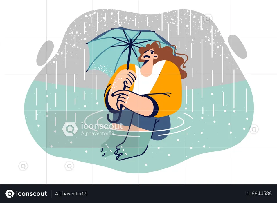 Wet woman with umbrella sits in puddle during rain or hurricane  Illustration