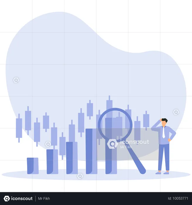 White collar man is analyzing stock market data with magnifying glass  Illustration