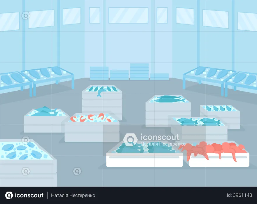 Wholesale seafood facility flat color vector illustration  Illustration