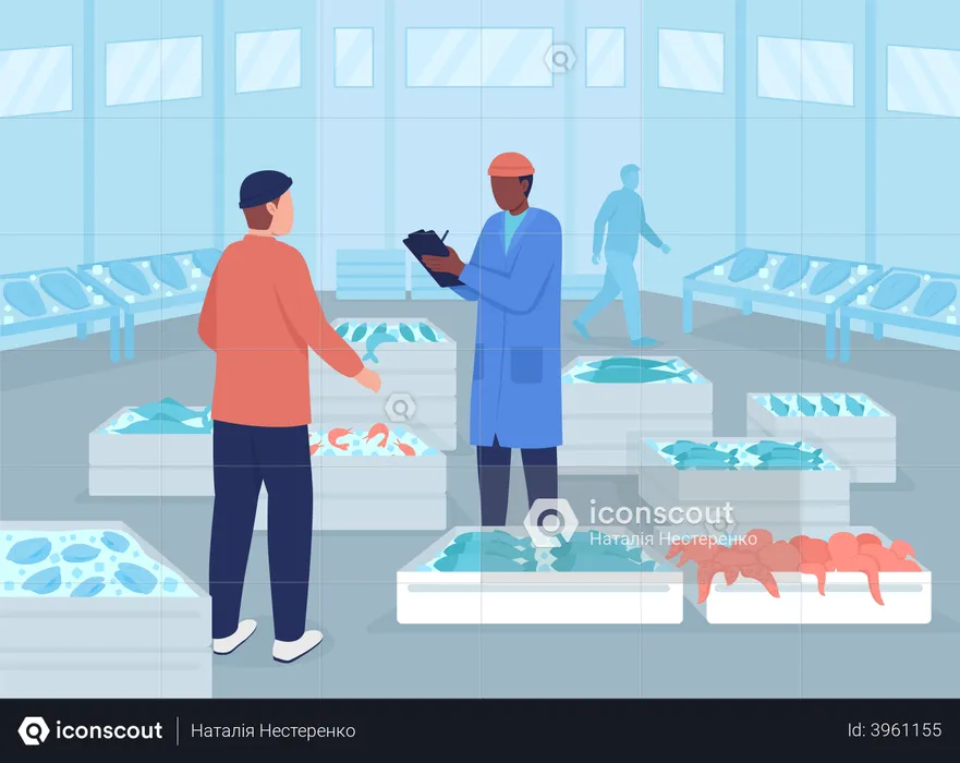Wholesale seafood market flat color vector illustration  Illustration