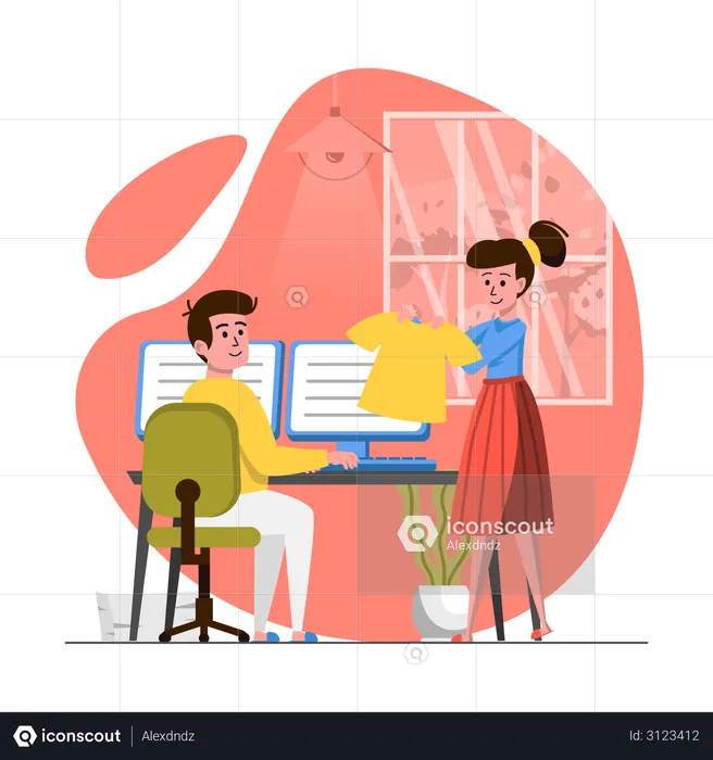 Wife disturbing husband while work from home Illustration
