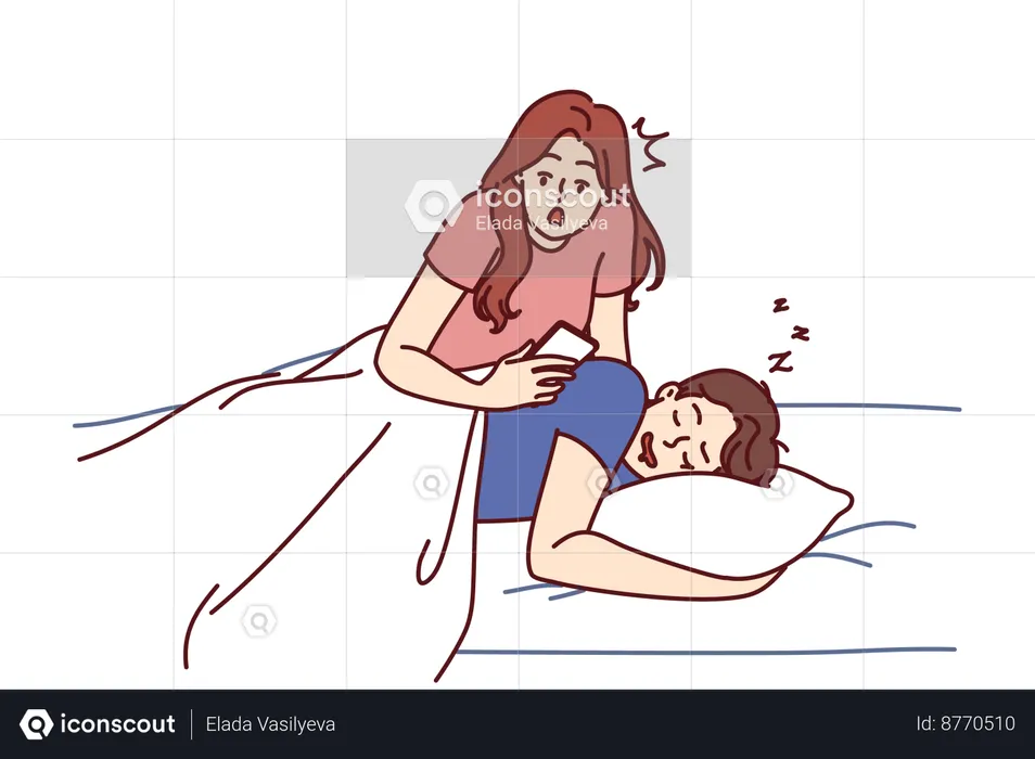 Wife is spying on husband's phone while husband is sleeping  Illustration