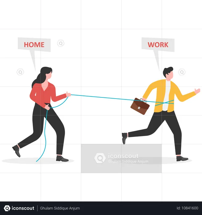 Wife pulling husband and stopping from going to work  Illustration