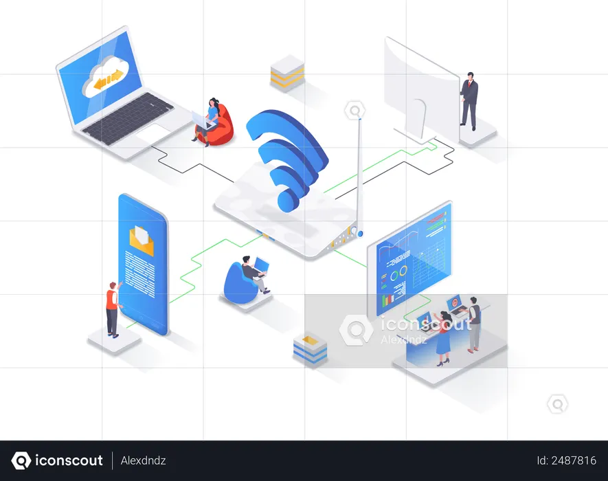 WiFi network communication, Internet sharing isometry concept  Illustration