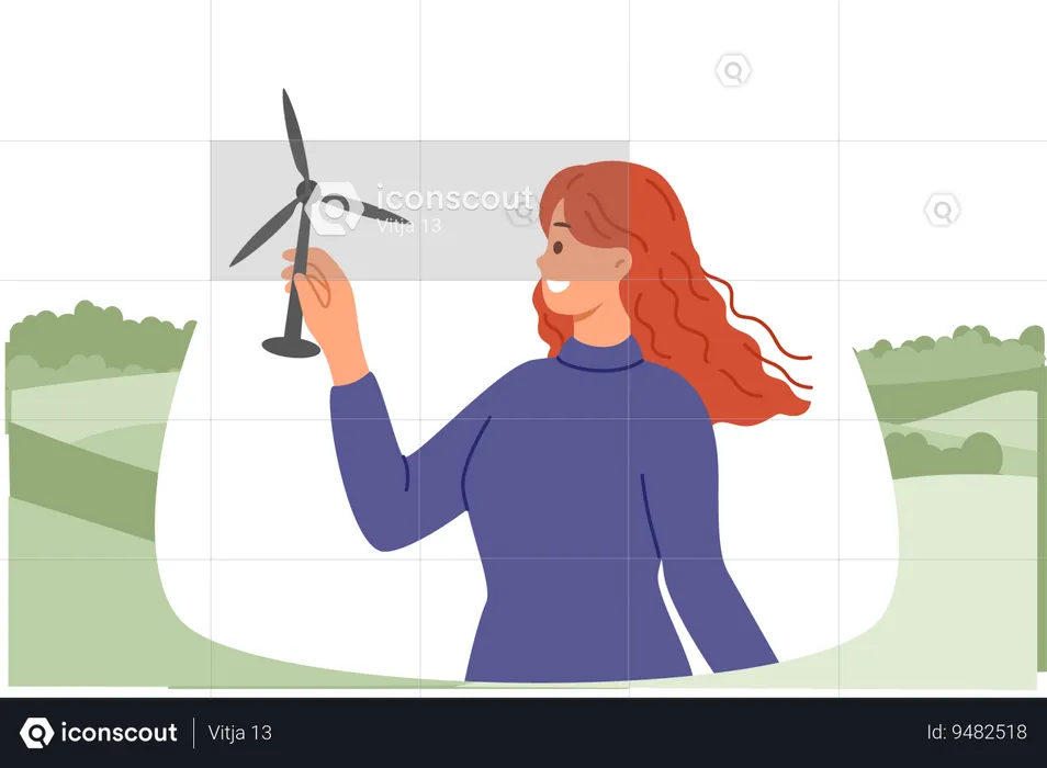 Wind turbine in hands of woman with smile standing in nature and developing alternative energy  Illustration