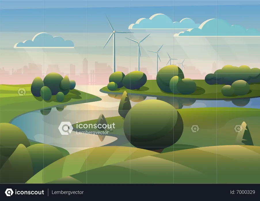 Windmills at farm  Illustration