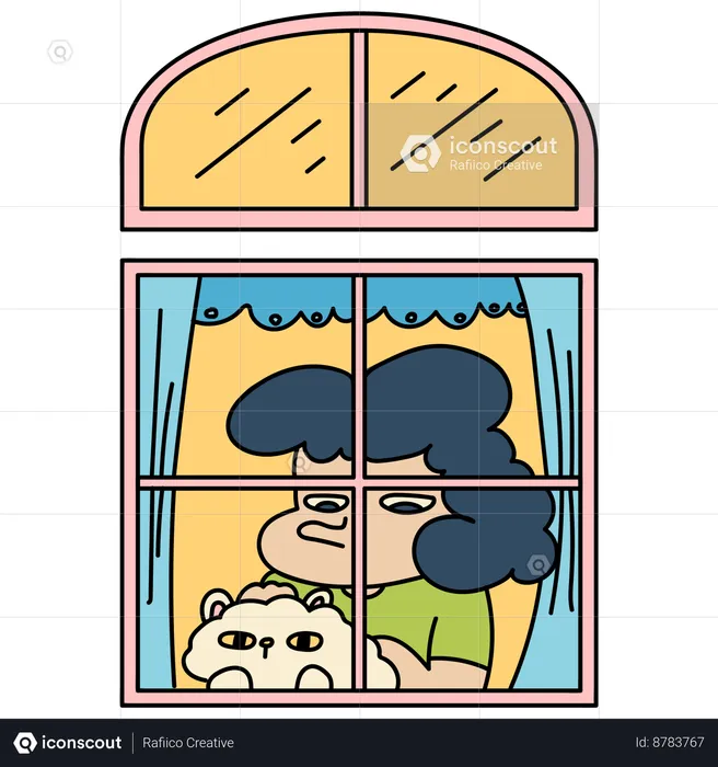 Window With Woman Petting Cat  Illustration
