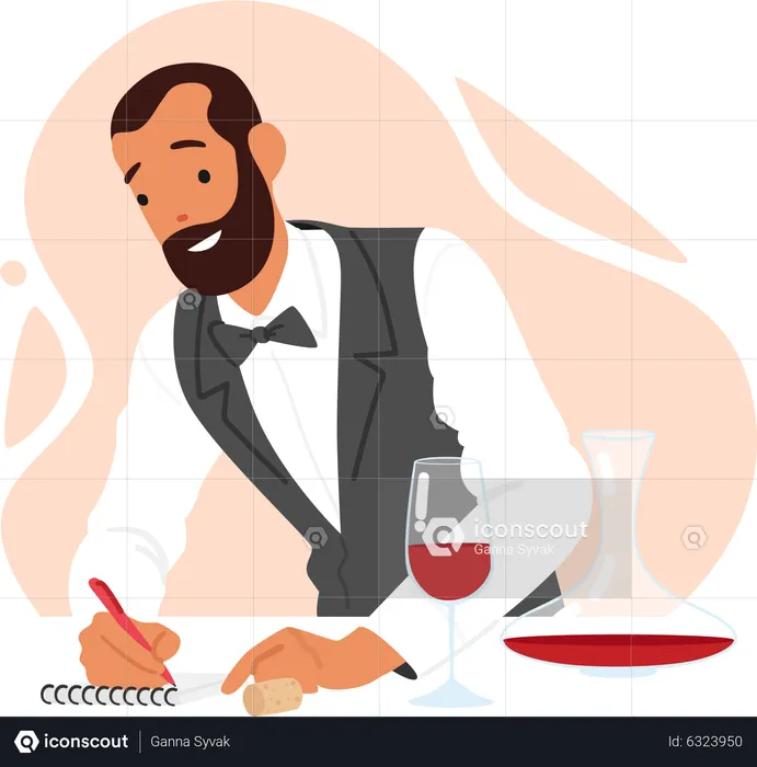 Wine Steward Tasting Drinks Making Notes in Notebook  Illustration
