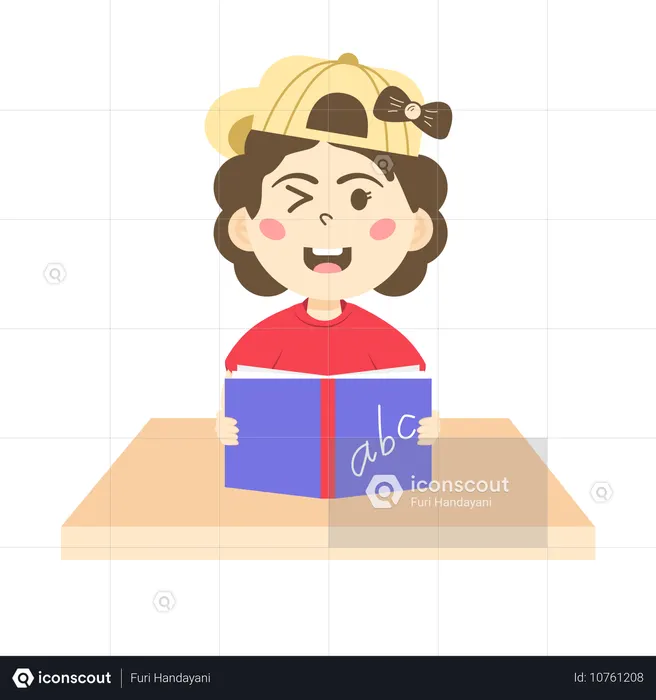 영어책을 들고 모자를 쓴 윙클아이 소녀  일러스트레이션