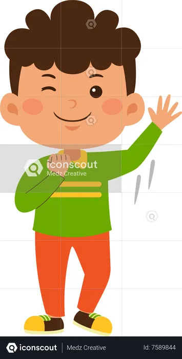 Winkle eye little Boy waving right hand  Illustration