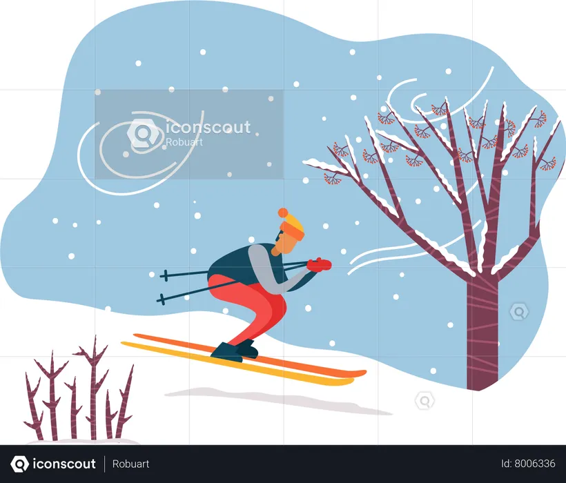 Winter Activity Person Skiing by Downhill  Illustration