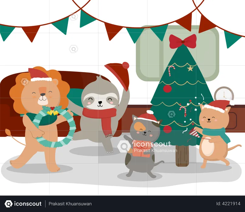 Winter Christmas tree and animal  Illustration