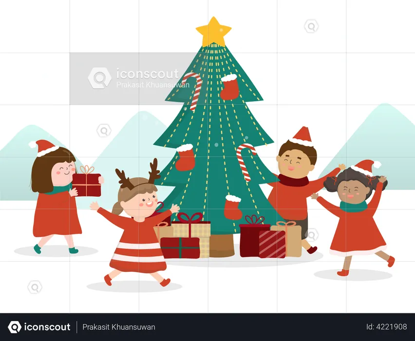 Winter Christmas tree and family decorating Christmas tree in the snow  Illustration
