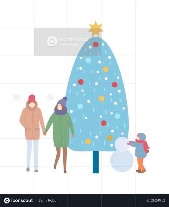 Winter Family with Tree and Snowman  Illustration
