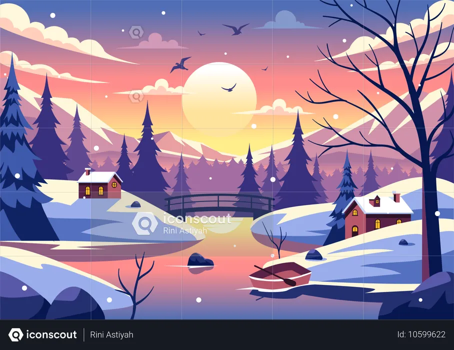 Winter House in scenic snowy montains  Illustration