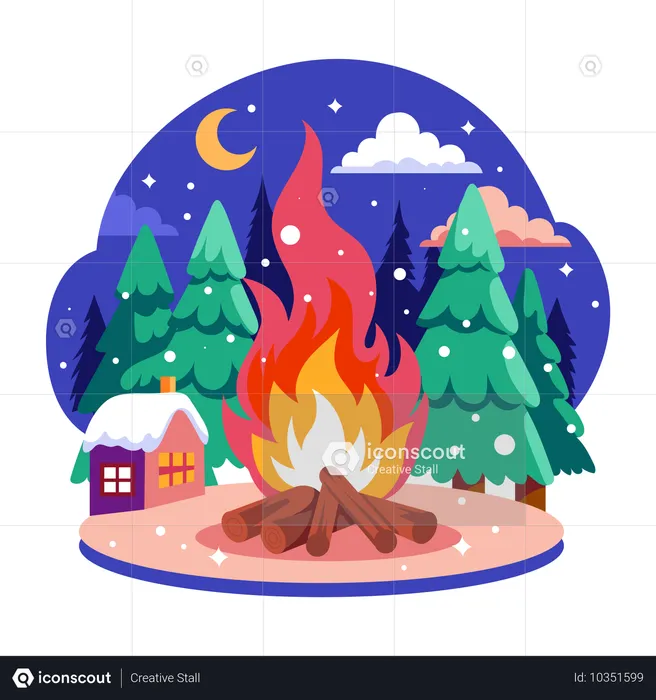 Winter-Lagerfeuer im Wald  Illustration