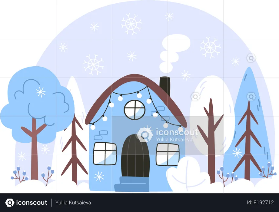 Winter landscape with a house in a snowy forest  Illustration
