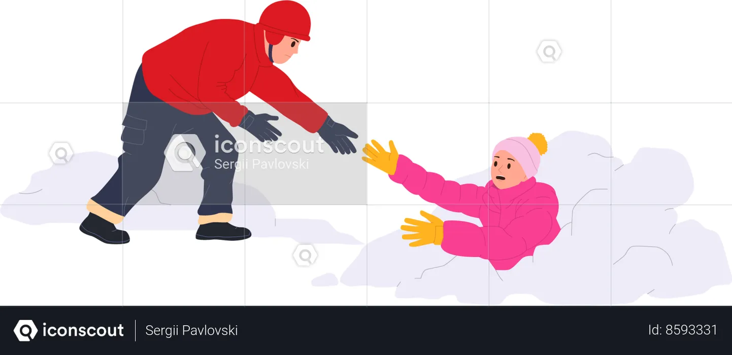 Winter rescuer man saving life of woman covered with snow after avalanche in mountain wilderness  Illustration