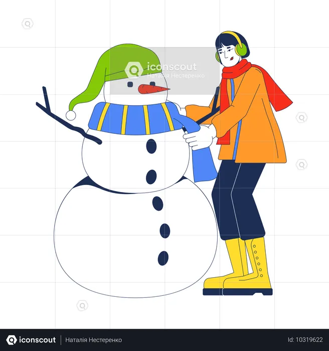 Wintermantel-Frau bindet Schal um Schneemannhals  Illustration