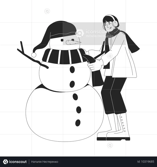 Wintermantel-Frau bindet Schal um Schneemannhals  Illustration