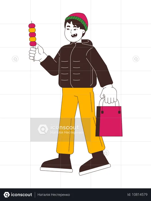 Winteroberbekleidung japanischer Junge mit Dango auf Stock  Illustration
