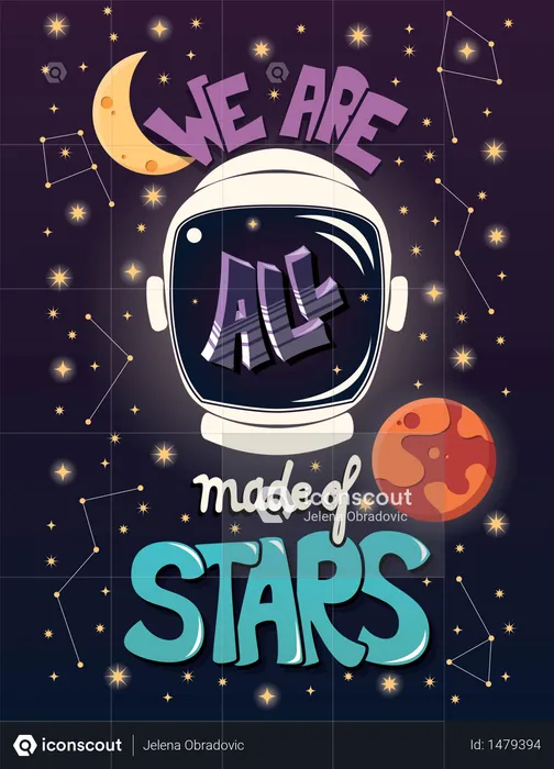 Wir bestehen alle aus Sternen, Typografie, modernes Plakatdesign mit Astronautenhelm und Nachthimmel  Illustration