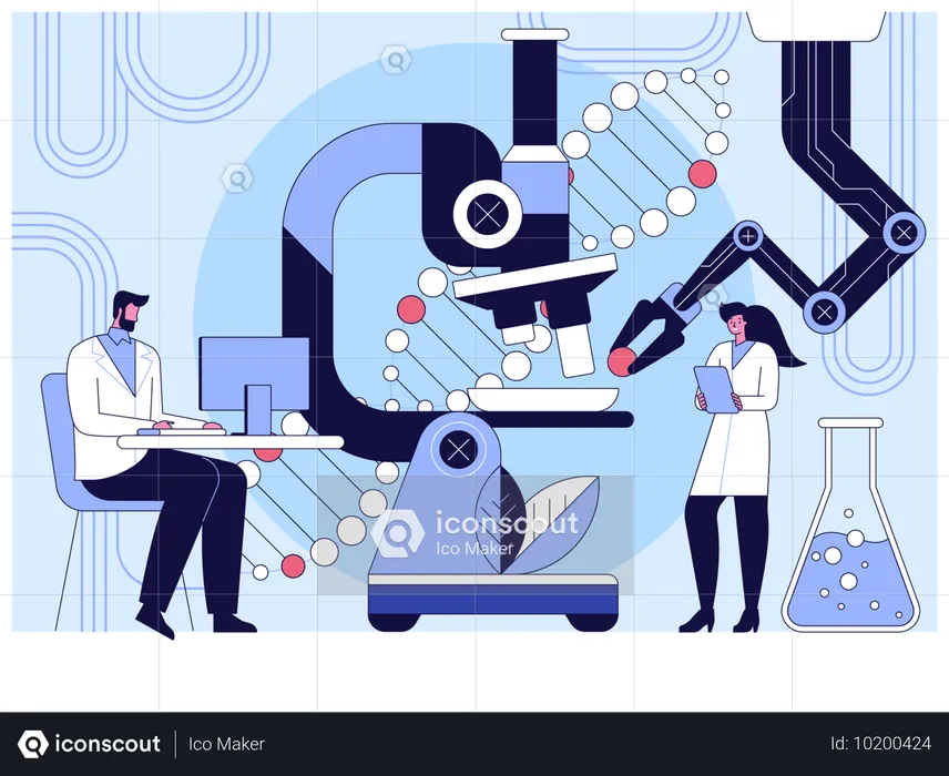 Wissenschaftler arbeiten am Mikroskop  Illustration