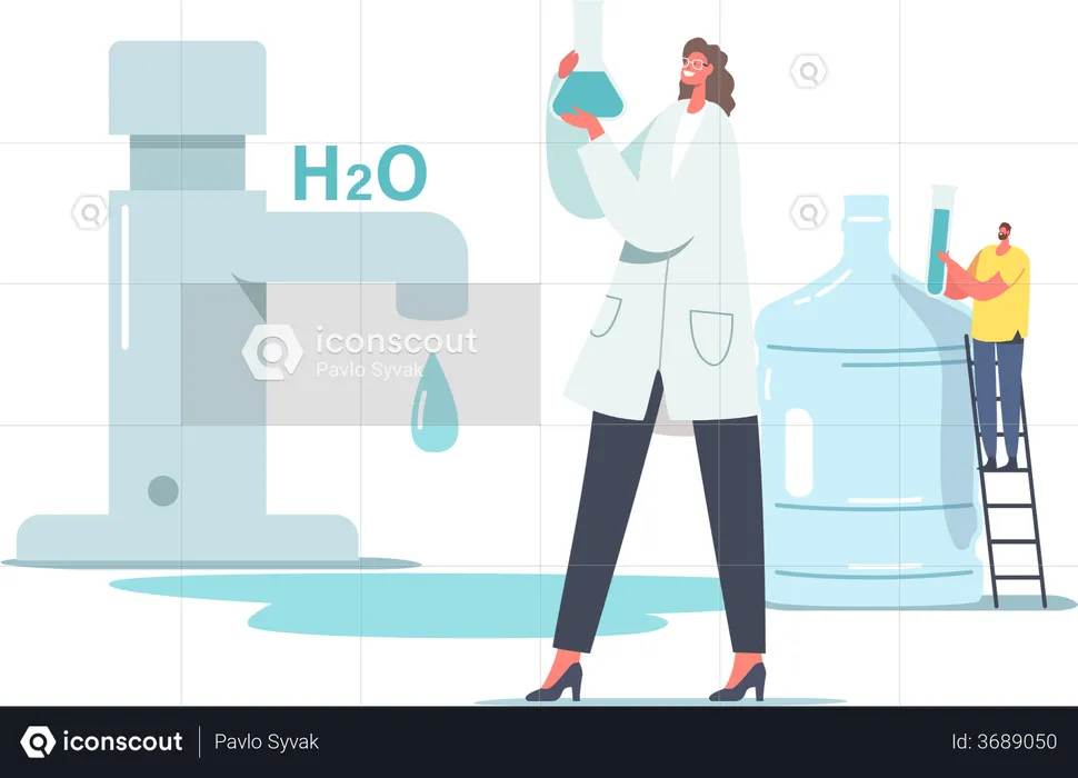 Wissenschaftler im Laborkittel halten Becher mit Forschungswasser im Labor  Illustration