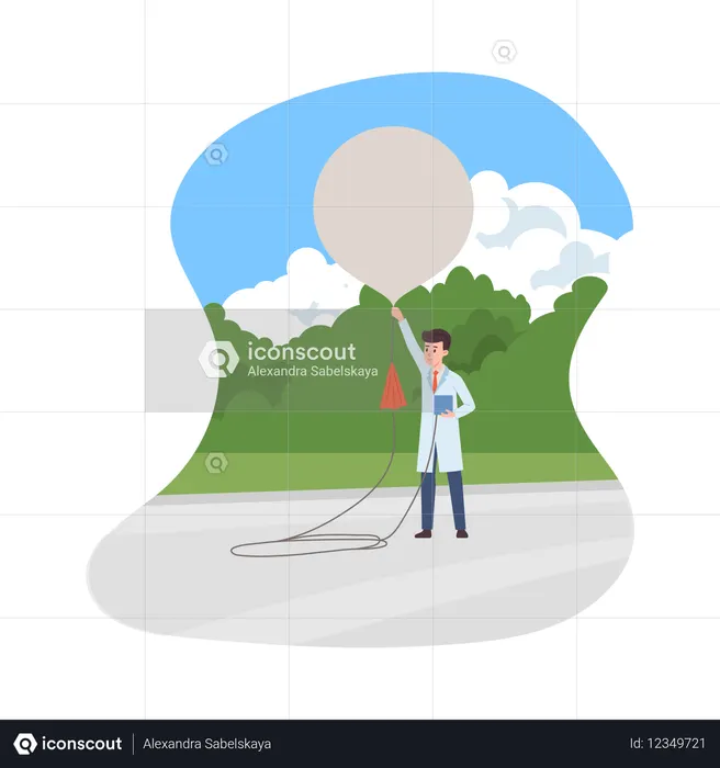 Wissenschaftler Meteorologe mit großem Ballon im Freien  Illustration