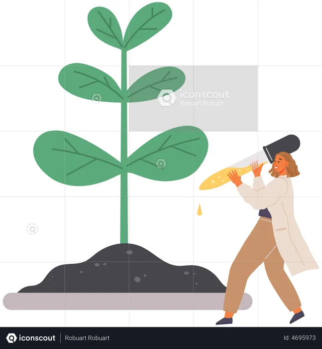 Wissenschaftler schüttet Chemikalie auf Pflanze  Illustration