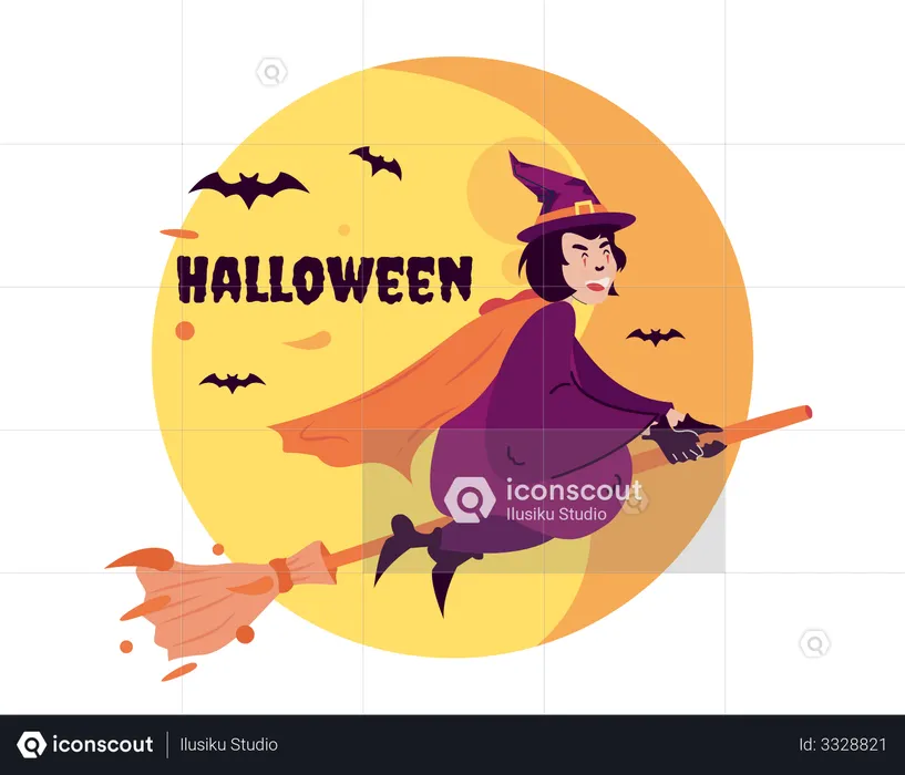 Witch flies on broomstick  Illustration