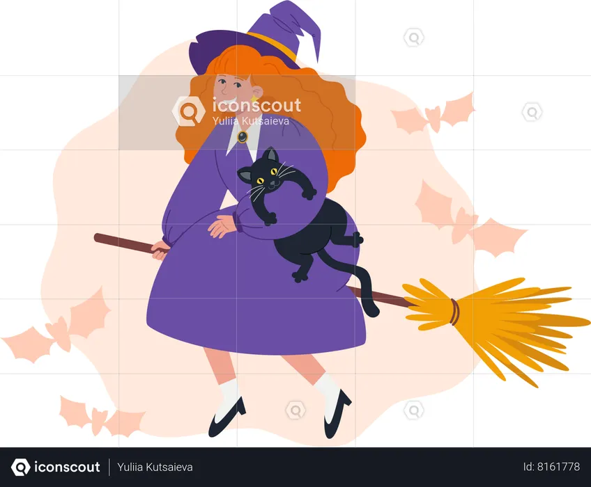 Witch flies on  witch broomstick with  black cat  Illustration