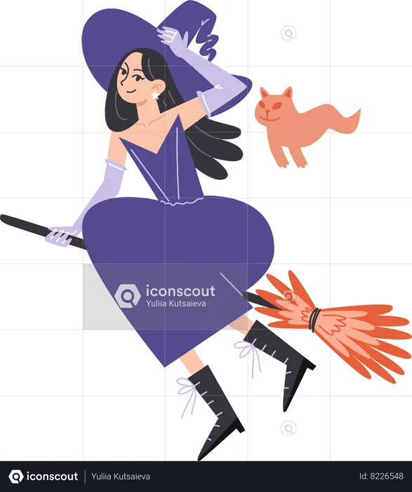 Witch girl on broom with ghost cat  Illustration