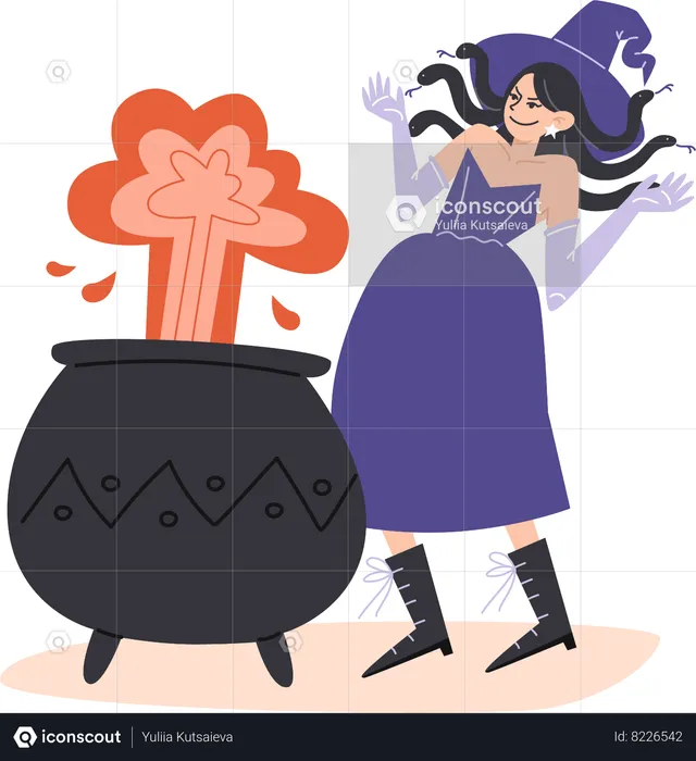 Witch girl preparing potion in cauldron and laughs evilly  Illustration