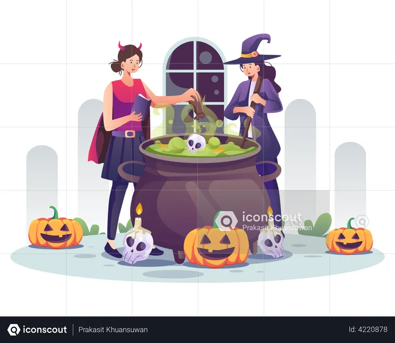 Witch girls making Halloween potion  Illustration