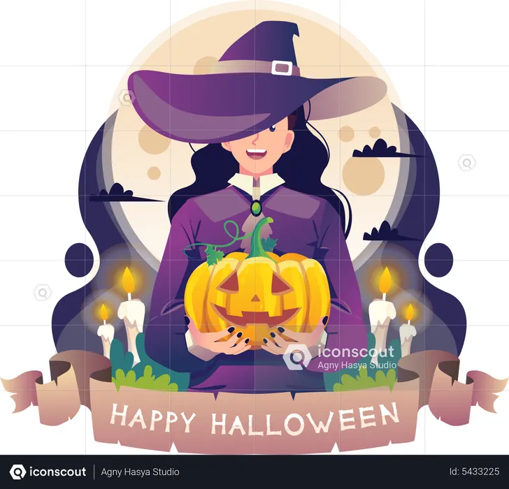 Witch holding Halloween pumpkin  Illustration