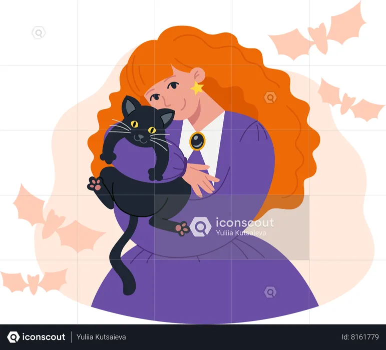 Witch hugging black cat  Illustration