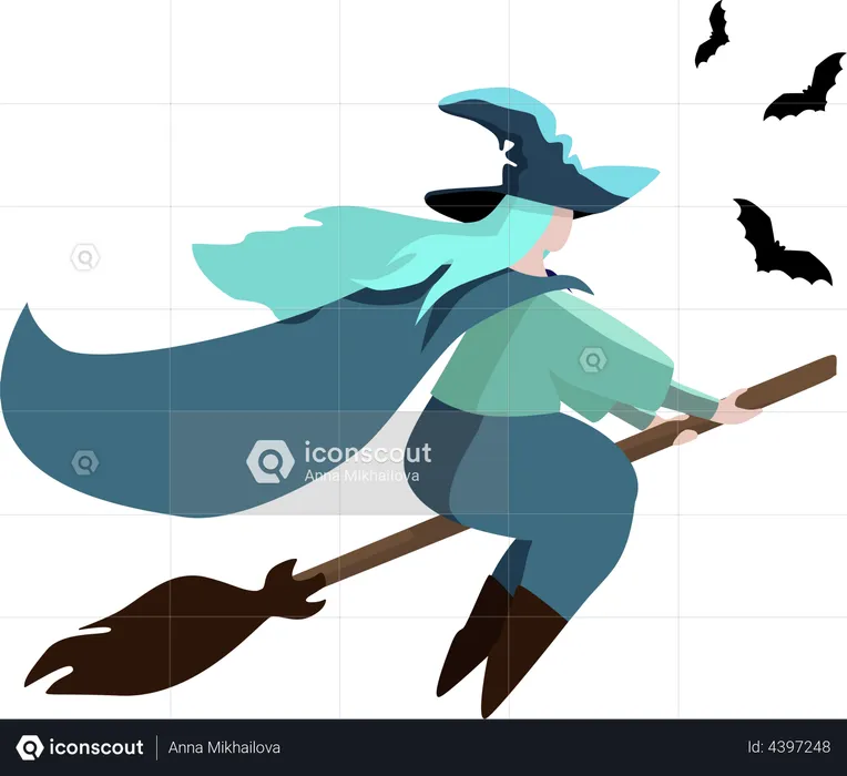 Witch in a hat on the broom with flying bats i  Illustration