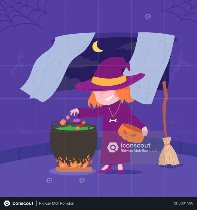 Witch Is Making Potion On Halloween Night  Illustration