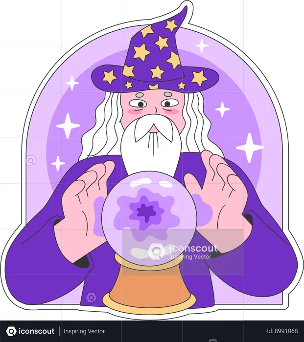 Witch man doing magic with magic ball  Illustration