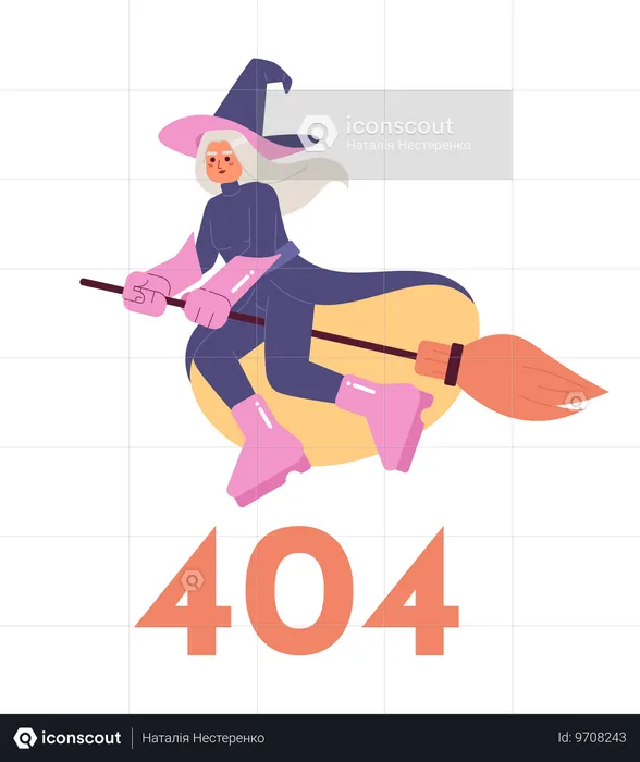 Witch on broomstick error 404  Illustration