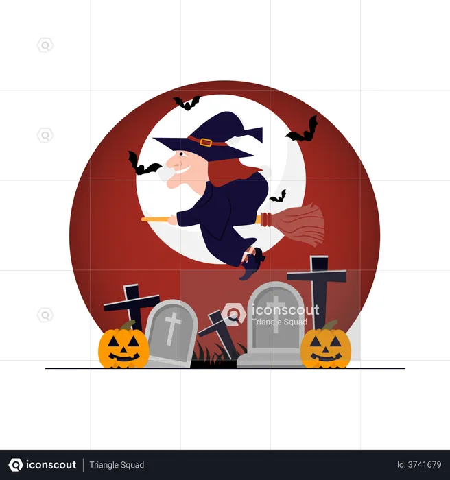 Witch riding broom in graveyard  Illustration