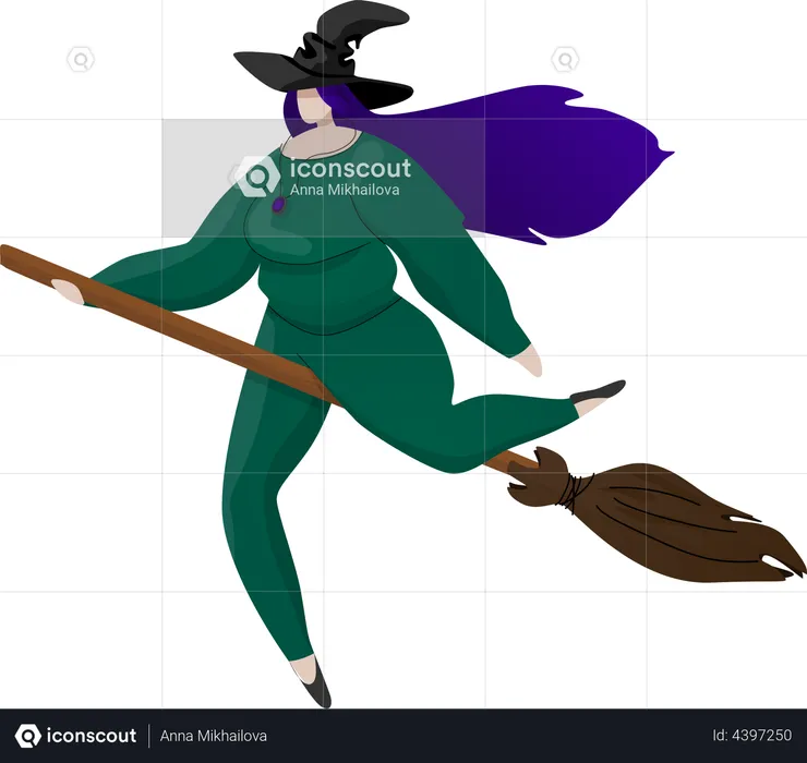 Witch with purple hair on the broom  Illustration